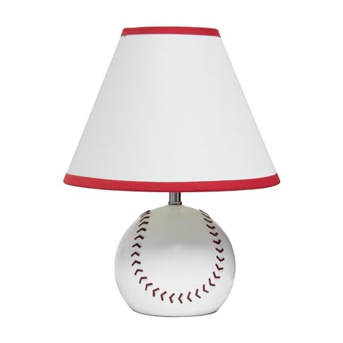 Image of Simple Designs LT1080-BSB SportsLite 11.5" Tall Athletic Sports Baseball Ceramic Bedside Table Desk Lamp w White Empire Fabric Shade w Red Trim for Kids' Room, Nursery, Bedroom, Game room, Mancave