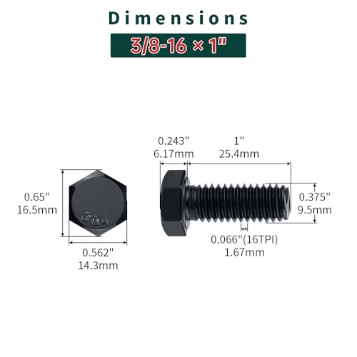 Image of 3 /8-16 x 1 Hex Bolts with Nuts and Washers (10 Sets), 18-8 (304) Stainless Steel, External Hex Drive, Black Oxide Coated Hexagon Head Bolts Screws, Fayeploo