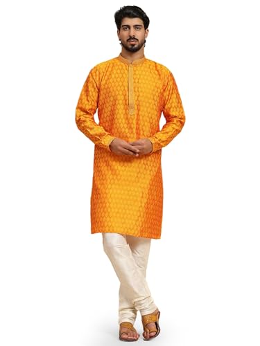 Image of AMAZON BRAND - Aanrva Men's Silk Blend Kurta Pajama Set | Traditional Indian Ethnic Wear for Wedding, Festival, Puja & Party