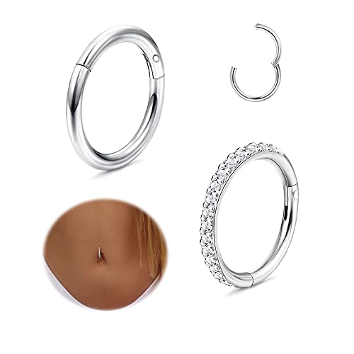 THUNARAZ 2Pcs Belly Button Rings for Women Surgical Stainless Steel Clicker Belly Rings Hoop CZ Heart Butterfly Dangle Navel Rings Belly Piercing Jewelry Silver Tone 14G