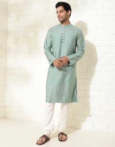 Fabindia Men's Viscose Silk Solid Slim Kurta (1037106Sage_Sage
