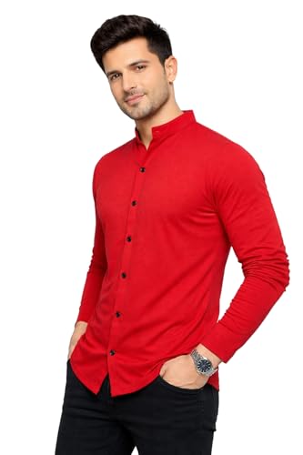 Image of Blisstone Men's Band Collar Shirt - Full Sleeve Slim Fit Casual Cotton Blend Mandarin Collar Button Down Shirt