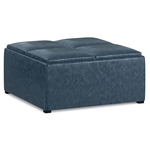 SIMPLIHOME Avalon - Mesa de centro cuadrada contemporánea de 35 pulgadas de ancho, otomana de almacenamiento en piel sintética azul mezclilla, para sala de estar, habitación familiar y entrada