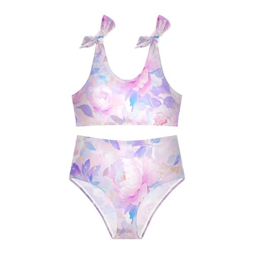 KLL Peonies Lilac Watercolor Ongrey Pink Girls Two Piece Bikini Sets Scoop Neck Beach Swimwear Swimwear3