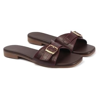 Women's Flat Slide Sandals, Dark Brown, Croc-Embossed Strap with Gold Buckle Detail