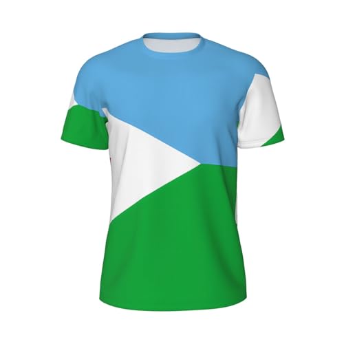 T-shirt col rond imprimé drapeau de Djibouti pour homme, manches courtes en maille respirante, évacuation de l'humidité, t-shirt décontracté pour la course à pied et la salle de sport, Noir , L