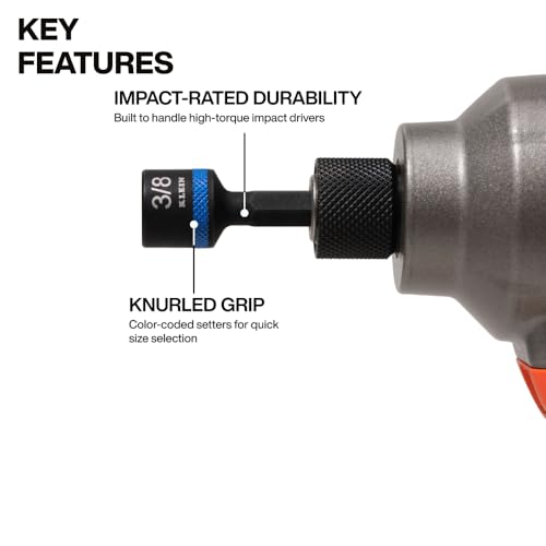 Image of Klein Tools 32925S Nut Setter Set, Magnetic Impact Driver Set, 2-Inch Power Nut Drivers, Color-Coded, SAE, Impact-Rated, 5-Piece