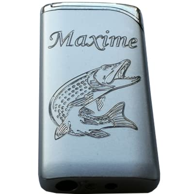 patrickgravure Briquet tempête Turbo Flamme gravé personnalisé a Votre goût (Ici brochet ) +prénom au Choix, Gris Clair Cover