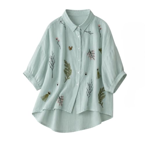 Image of Gufrina Women Designer Botanical Embroidered Korean Style Shirt | Button Down Relaxed Fit | High Low Hem Three Quarter Sleeve | Casual Smart Top-Shirt