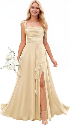 Eldecey Junior Bridesmaid Dresses Long Flower Girl Dress for Wedding Ruffle Spaghetti Straps Formal Dress for Girls Champagne US0