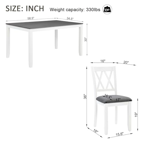 Image of Harper & Bright Designs 7 Piece Dining Table Set for 6, 58.5 inch L Solid Wood Kitchen Table with 6 Upholstered Chairs, Grey White Two-Tone, Space-Saving Design