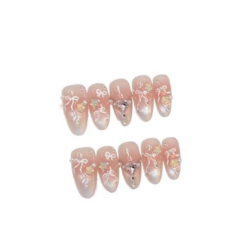 Red French Sweet Bowknot Lace Pearl Glitter Diamond Cat Eye Press On Nails, 10Pcs Handmade False(3 Size,Medium)