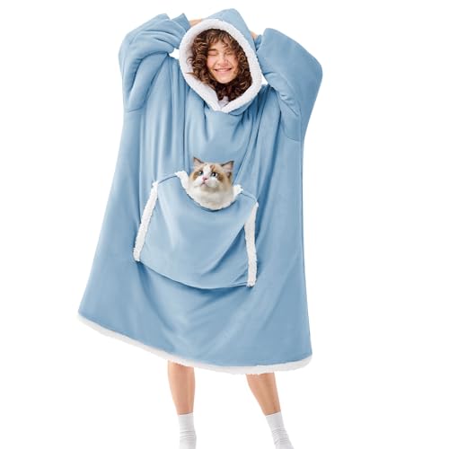 JOYWOO Oversized Wearable Blanket Hoodie,Cat lovers Long Hoodie Blanket for Adult,Birthday Gifts for Women Men Mom,Cozy Sherpa Sweatshirt Hooded Blanket Giant Pocket Winter Gifts,Denim blue Oversize