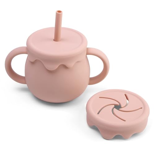 Image of Moonkie 2-in-1 Silicone Baby Cups with Straw and Lid for Snacks, 8.5 oz Spill-Proof Sippy Cups, Training Cup for Toddlers Ages (Pink)