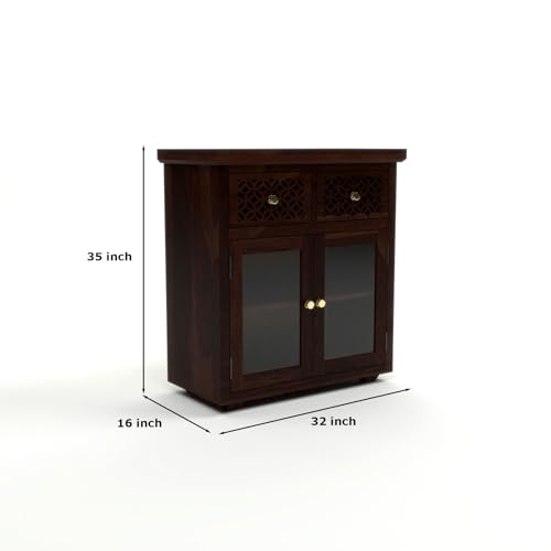 Image of Solid Sheesham Wood Sideboard Cabinet for Living Room | Wooden Storage Cabinet with 2 Acrylic Glass Doors & 2 Carved Drawers | Modern Display Sideboard for Home (Walnut Finish)