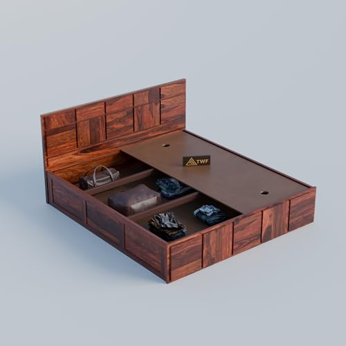 Image of Solid Sheesham Wood Queen Size Bed with Storage Box | Double Bed for Bedroom | Plan Panel Design Wooden Double Bed Cot for Home & Hotels | Rosewood, Honey Finish