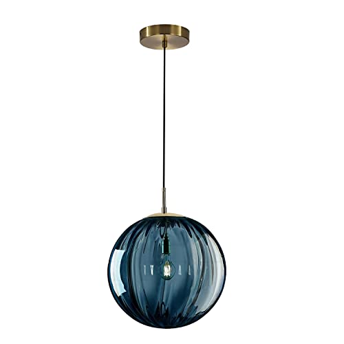 KCOLighting Modern Large Globe Pendant Light 1-Light Single Blue Glass Pendant Lighting Kitchen Island Vintage Ribbed Glass Pendant Light Contemporary Gold Hanging Light Fixture (9.8”)