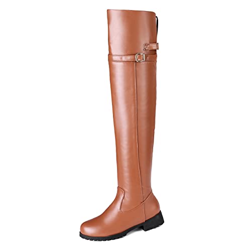 VULTRO Women's Over The Knee Thigh High Boots Low Heel Flat Winter Long Riding Boots with Buckle