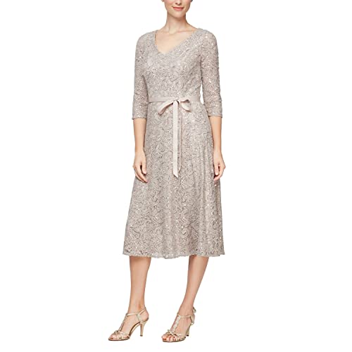 Image of Alex Evenings Womens Tea Length Embroidered Cocktail Dress with Illusion Sleeves, Wedding Guest (Petite and Regular Sizes)