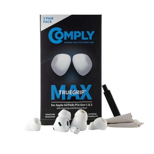 Comply TrueGrip MAX | Premium Memory Foam Replacement Earbud Tips for Apple AirPods Pro 1 & 2 | Long Lasting Comfort, Extreme Durability, Secure Fit, Superior Noise Isolation| White (S/M/L) (3 Pairs)