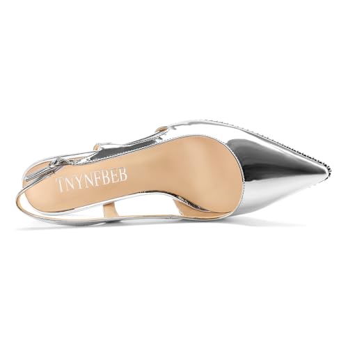 Image of TNYNFBEB Womens Kitten Heel Pointed Toe Pumps Sliver Beaded Slingback Slip-on Buckle Prom Dress Basic Classic Patent Leather Summer 2.6 Inches Heels