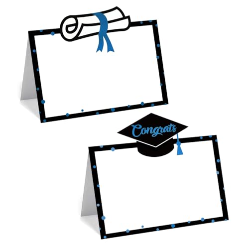 48 Pcs Graduate Place Cards, Congrats Grad Folded Buffet Food Labels and Tent Name Cards for Graduation Party Table Setting Decorations Supplies (Blue)