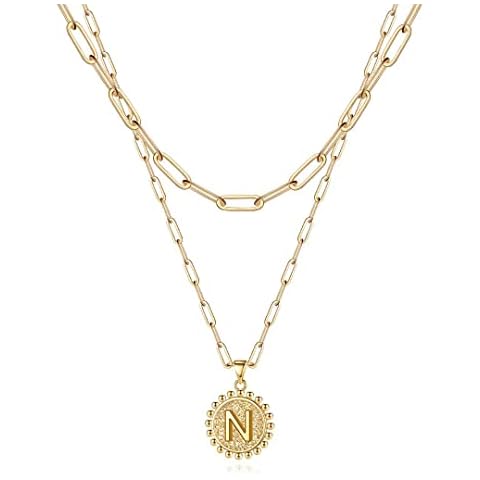 Layered Choker Necklaces for Women, 14K Gold Plated Dainty Layering Paperclip Chain Necklace Simple Adjustable Initial Coin Pendant Necklaces Layered Gold Chain Necklaces for Women Jewelry Gifts Cover