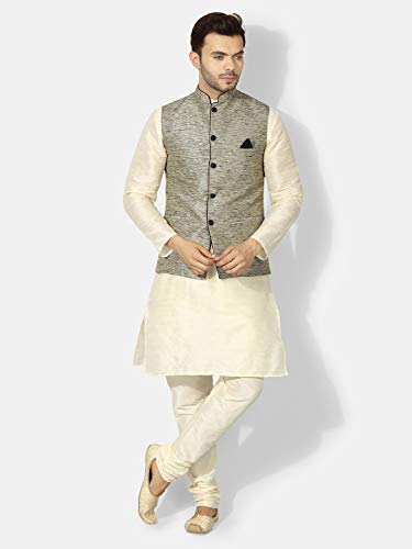 Image of Uri and MacKenzie Men's Silk Blend Regular Kurta Churidar Pyjama with Bundi Nehru Jacket /Waistcoat