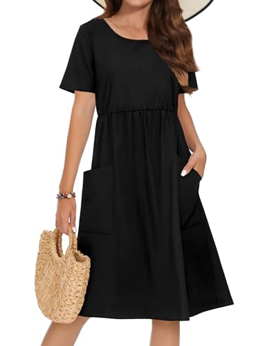 Zeagoo Womens Summer Midi Dress Casual Short Sleeve A-Line Cotton Linen Dress Flowly Beach Tunic Sundresses with Pockets 2025