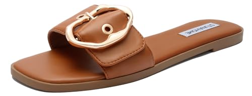 STUNAHOME Flat Sandals Women Fashion Slides With Soft Leather Paired with Metal buckle Slippers