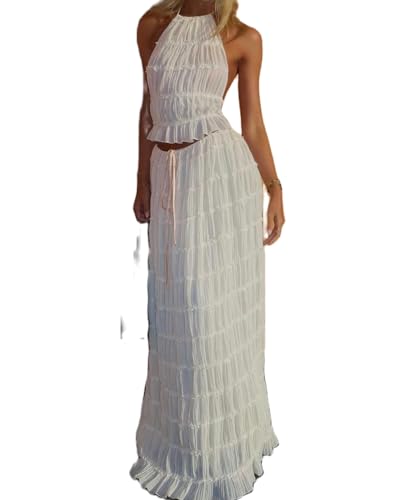 Image of Women Y2K Skirt Set Outfits Strapless Crop Top Bodycon Midi Skirt Dress Sexy 2 Piece Knit Outfits Skirt Summer