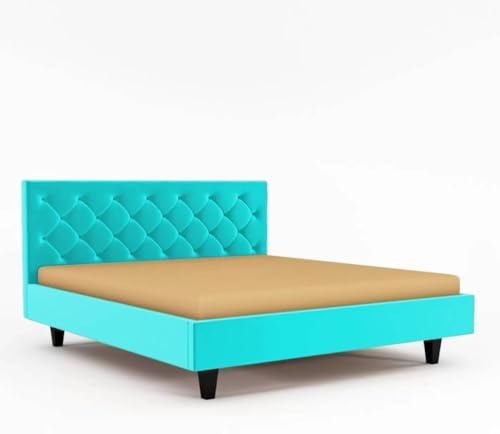Image of Wooden Modern Upholstered King Size Bed for Bedroom | Wooden Double Bed Without Storage | Platform Cot Upholstered Bed with Upholstery Fabric | Engineered Wood | 6.5 x 6 Ft | Sky Blue