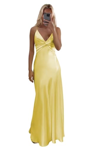 PUXIU Women's Satin Bridesmaid Dresses Vanilla Yellow for Women 2025 Yellow Long V Neck Corset...