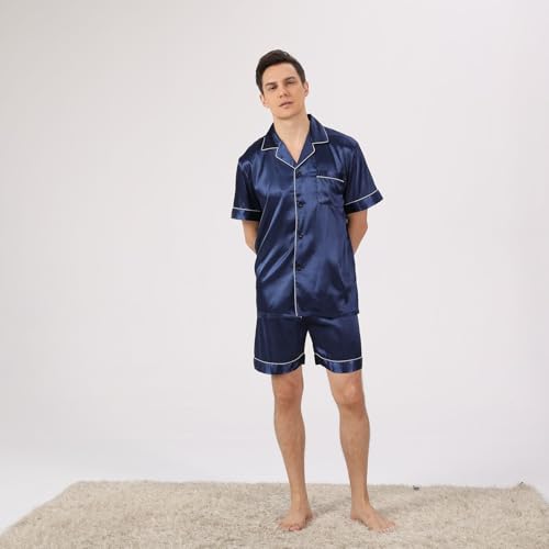 Men's Satin Pajama Set Summer Pajamas Short Sleeve Shorts Set Thin Lightweight Silky Button Down Sleepwear3