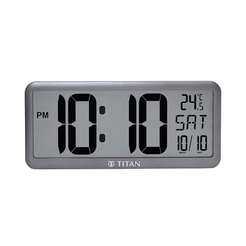 Image of Titan Large Grey Digital Wall & Table Clock | Big LCD Display | Day, Date & Room Temperature | Battery Operated | Modern Minimalist Design | 356x160mm | W0117PD01