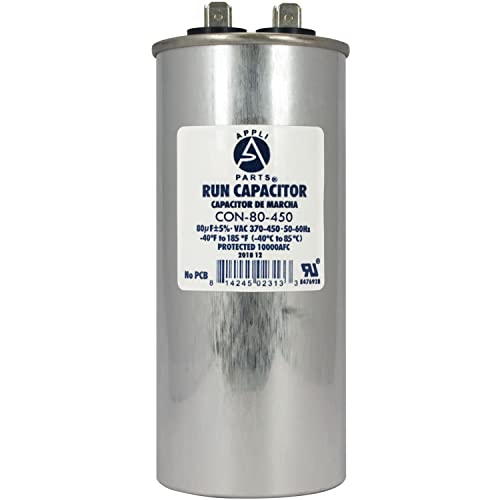 AP APPLI PARTS Run Capacitor for ac 80 Mfd uF (microfarads) 370 VAC or 450 VAC CBB65 Round Universal fit for hvac and other applications 5-1/4 in High 2 in Wide CON-80-450