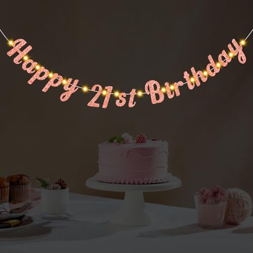 Yatufom Happy 21st Birthday Party Decorations for Girls Pre-Strung Pink Rose Gold 21st Birthday Banner with 6.5ft/2m Warm White LED Lights Funny 21 year old Bday Party Supplies Sign Favor