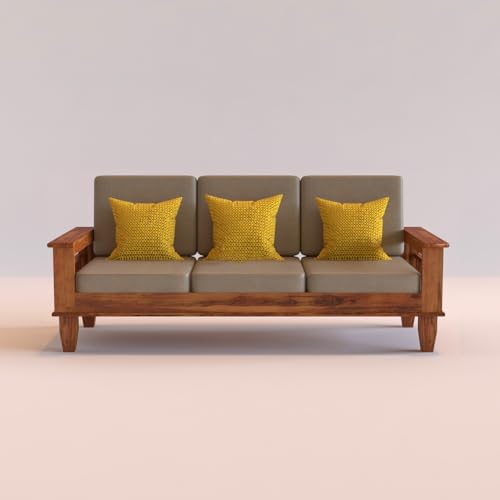 Image of Sheesham Wooden 3 Seater Sofa for Living Room | Rosewood 3 Seater Cushion Sofa with Side Newspaper Holder for Home & Office | Solid Wood Sofa Set for Lounge (-Honey)