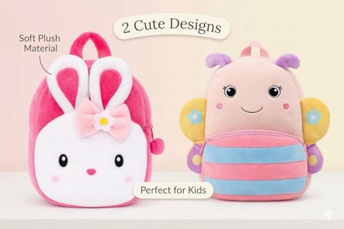 Image of Cartoon Plush Kids School Bag 2-6 Years | Soft Toy Backpack for Boys & Girls | Toddler Nursery Preschool Bag | Lightweight Adjustable Straps