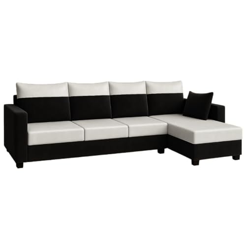 Image of FURNY Arissa 5 Seater Fabric RHS L Shape Sofa Set with Extra Cushions (Light Grey-Black) Premium Velvet Finish | Ideal of Living Room