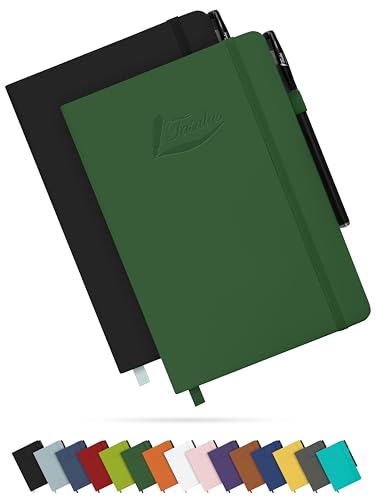 Tasalas A5 Notebooks 2 Pack with Pen - 200 Lined Pages Journal Notepads, 80 GSM, Black and Green Notebooks A5, Soft Cover, Elastic Loop, Pen Holder, Expandable Pocket - Note Books for Note-Taking