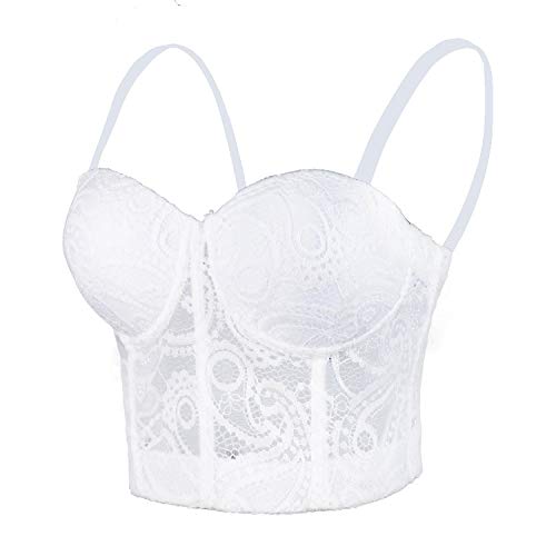 ELLACCI Women's Paisley Mesh Lace Bustier Crop Top Sexy Corset Top Bra White