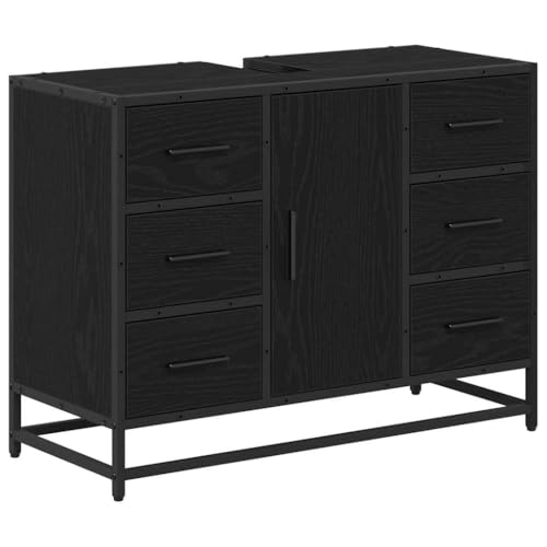 vidaXL Conjunto de Mueble de Lavabo Industrial Negro Roble 80 x 33 x 60 cm Madera Ingenierizada con Estructura de Acero, Cajones y Puertas Amplios, Solo para Uso Interior, Fácil de Limpiar, Diseño p