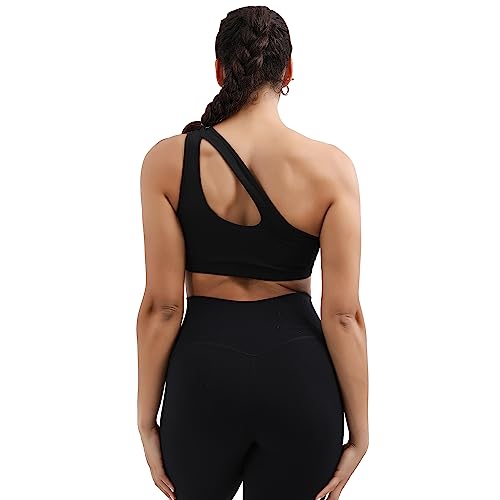 Running Girl One Shoulder Sports Bra, Removable Padded Yoga Top Sexy Cute Medium Support Workout Bra(2030 Black M) #TOP1