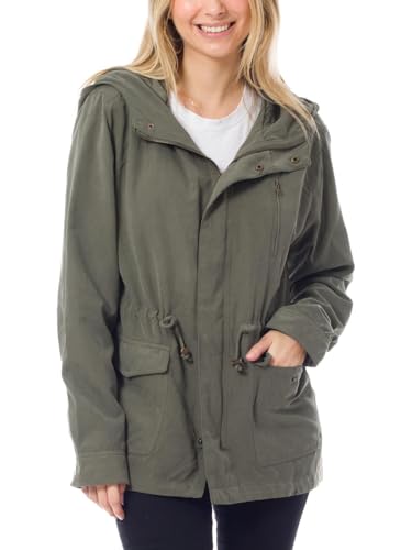 MixMatchy Women's Casual Faux Suede Hooded Military Anorak Utility Jacket Parka Safari Coat Outerwer Clay Green L - Thumbnail 4