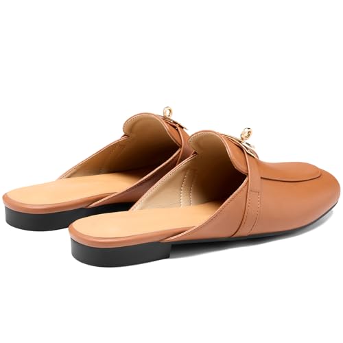 Image of Design Mules for Women, Almond Toe Slip-On Flats, Backless Loafers with Matal Buckle, Comfort Casual & Dressy Shoes