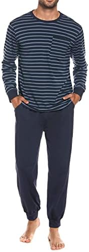 Sykooria Herren Schlafanzug lang mit Bündchen aus Baumwolle Zweiteiliger Pyjama Herren lang, Langarm Shirt & Schlafanzughose