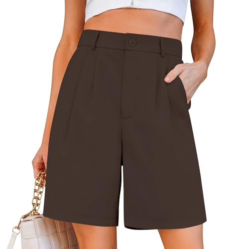 Bermuda Shorts for Women Dressy High Waisted Work Casual Long Linen Shorts Pleated Wide Leg Dress Pants with Pockets Tummy Control Lightweight Summer Knee Length Short Golf Hiking Pants
