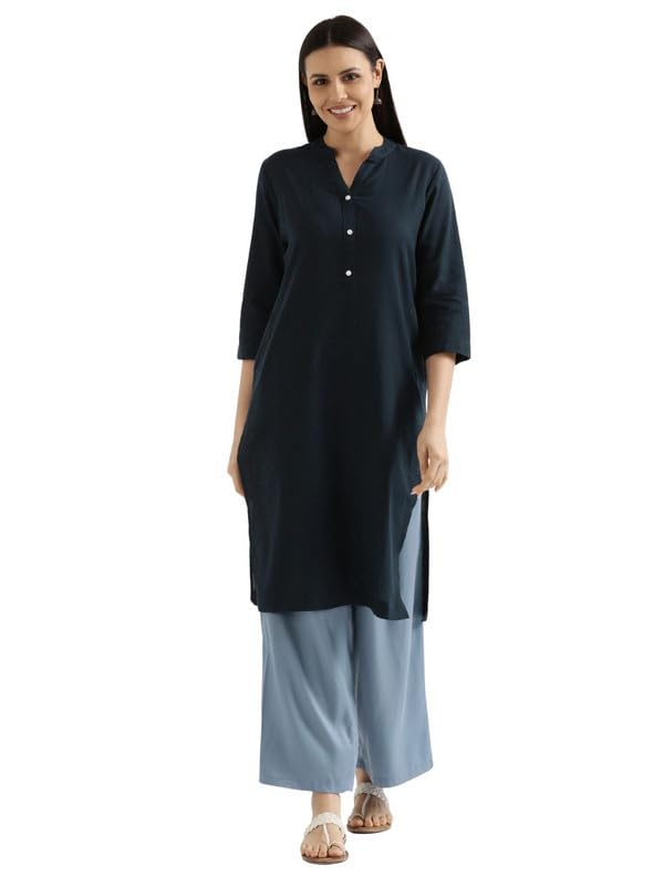 Image of SAADAA Women's Linen Blend Long Kurta with Viscose Palazzo Set | Straight Fit Kurta with Wide Leg Palazzo | Solid Ethnic Co-ord Set for Office & Casual Wear