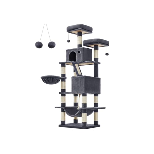 Feandrea Scratching Post for Large Cats Tree for Large Cats Height 168 cm with 13 Poles 2 Platforms 2 Caves Basket Hammock Pom-pom Multi-Level Smoky Grey PCT165G01